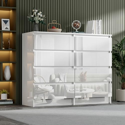 LSBIKE Hochglanz Moderne Stabiler Kommode Sideboard, Mit 6/7/8 Schubladen Schublade Schrank, Viel Stauraum Geeignet, Konferenzraum Büro Wohnzimmer Schlafzimmer Möbel (Weiß - 8 Schubladen)