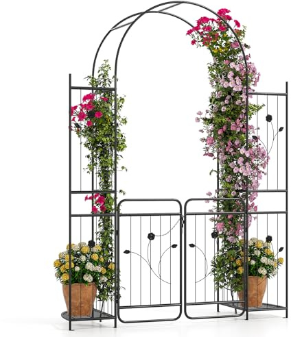 COSTWAY Rosenbogen mit Tür, Spalier & 2 Ablagen, Gartenbogen aus Metall stabil, Torbogen Garten, Rankbogen für Kletterpflanzen, Rankhilfe Rankgitter, inkl. Erdspieße, für Hochzeit Partys, 163x50x220cm