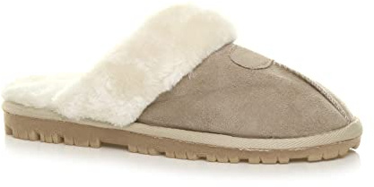 AJVANI Womens ladies flat winter faux sheepskin fur lined slip on memory foam mules slippers size