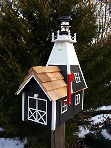 Amish Homemade Solar Nautischer Leuchtturm, ländlicher Briefkasten, Schwarz mit weißem Rand