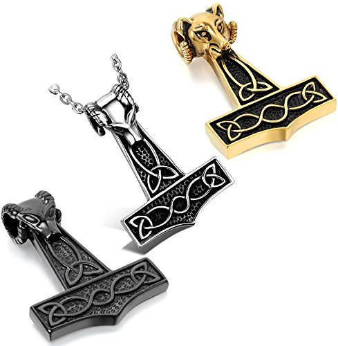 JewelryWe Schmuck 2PCS Edelstahl Anhänger Halskette Thors Hammer Wolf Keltisch Knoten Motorradfahrer Biker Herren Kette, mit 55cm Kette, Gold Silber