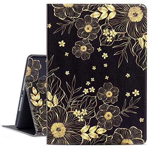 Gofupa - Funda para iPad Air 2, 9.7 y 6ª generación (piel sintética, función atril, múltiples ángulos de visión, para iPad Air 2/1, flores doradas)