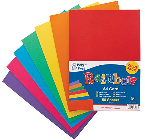 Baker Ross AV535 Regenbogenfarbener Karton (220 g/m²), A4, ideal für Kinder Kunst und Handwerk, Collagen, Modellbau und mehr, gemischt, 50 Stück