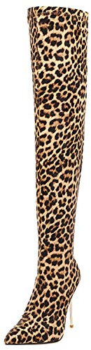 LUXMAX Stivali Elasticizzati Donna sopra Il Ginocchio Tacco Alto Spillo Scarpe a Punta Tacchi Alti 10 CM (Leopardate) - 39 EU