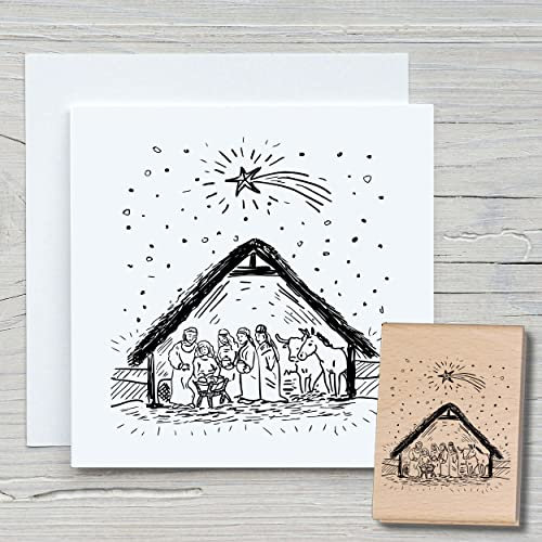 NEWSTAMPS Stempel Krippe Motivstempel aus Holz & Gummi zum Karten und Geschenke basteln, Holzstempel für Weihnachten, Weihnachtskarte, Advent, Scrapbook, Textilstempel, Deko, Freunde