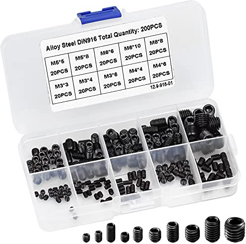 200 Pcs Cup Point Grub Screws Hex Head Allen Grub Screw Set M3 M4 M5 M6 M8 Metric Thread Socket Assortment Fasteners Kits for Door Handles, Faucet, Light Fixture - Black