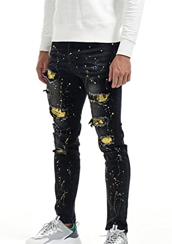 XianXinXn Pantalones Vaqueros Rasgados con Parche De Moda para Hombre Pantalones Vaqueros Elásticos Delgados con Salpicaduras De Personalidad Negro L