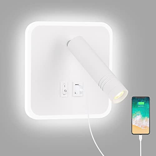 ERWEY LED Leselampe Wandmontage, Bettlampe verstellbar 3W 4000K+5W 6000K Wandleuchte Wandlampe mit Schalter und USB-Ladeanschluss für Bett, Schlafzimmer, Weiß
