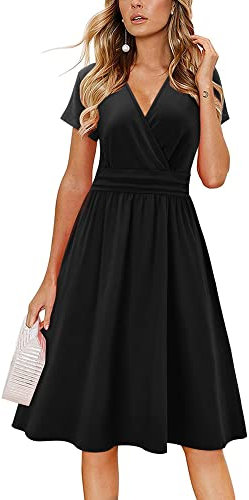 Newshows Summer Dresses for Women UK Short Sleeve V-Neck Faux Wrap Casual Midi Sundresses with Pockets(Black,L)