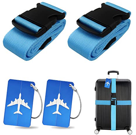 Koffergurt Kofferanhänger Set, 2 Stück gepäckband mit 2 Stück Gepäckanhänger Set, Kofferband Gurt Personalisierte Identifikation für Schnell erkennen Gepäck Reisetasche Koffer (Blau)