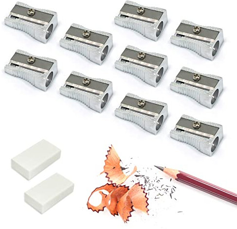 10 x Anspitzer aus Aluminiumlegierung mit einem Loch mit 2 Radiergummis, einfacher Handspitzer, Schulbedarf für Studenten, zum Lernen, Malen, Bleistifte, Buntstifte, Augenbrauenstifte.