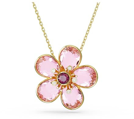 Swarovski Idyllia Halskette, Rosafarbene und Vergoldete Damenhalskette mit Anhänger in Blüten-Form und Strahlenden Swarovski Kristallen
