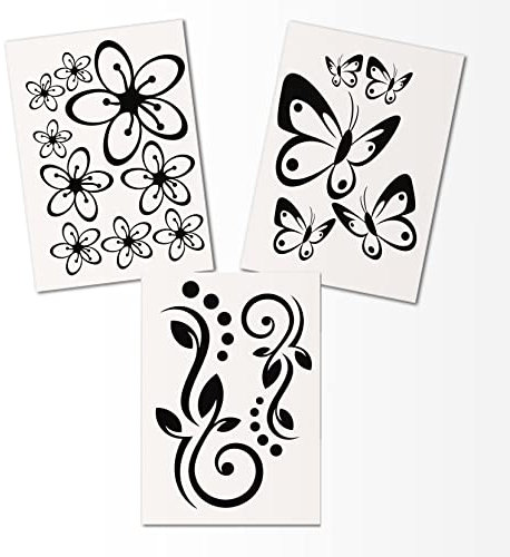Hibiskus Schmetterling Blüten Ornament SET I - schwarz - 40x30cm - Wall Sticker Wandtattoo Wandaufkleber - Dekoration, Küche, Wohnzimmer, Schlafzimmer, Badezimmer