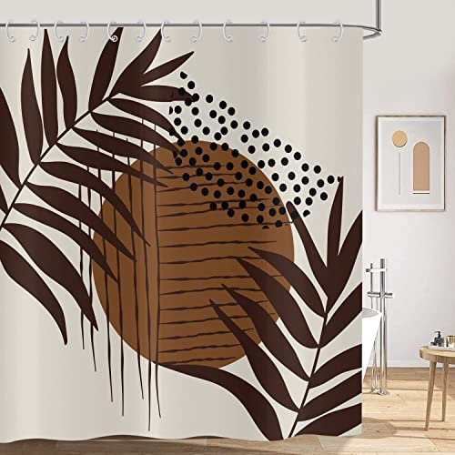 Hnmdmyi Duschvorhang Boho 180x200, Abstrakte Braune Blätter Duschvorhänge Mid Century Modern Minimalistisch Geometrisch Ästhetisch Kunst Beige Badewanne Vorhang Wasserdicht Stoff Waschbar Badevorhang