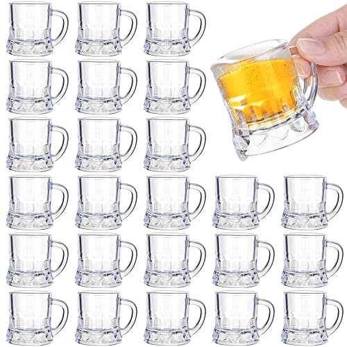 Breroa 24 Mini Plastic Beer Mugs 2 Oz Shot Glasses with Handles Reusable Clear Beer Stein Tasting Glasses for Festivals Parties Weddings