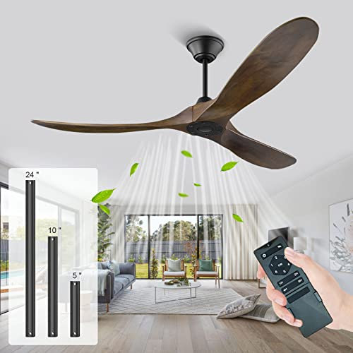 QHYAH 52'' Outdoor Ceiling Fan No Light, Wood Ceiling Fan with Remote Control, 3 Blades Moisture-Proof Fan with 6 Speed Noise-Free DC Motor for Bedroom Patios Kitchen