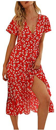 Générique Robe Ample Femme - Robe Courte V-Neck Casual Bohemian Print Pochette pour Femmes imprimé Floral A-Line Robe pour Femmes Jupe en Cuir Rouge