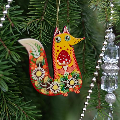 Fuchs Christbaumschmuck aus Holz 9.5 х 8.5 х 0.5 cm Beidseitig Handbemalt Tierfiguren für Kinder Weihnachtsbaum - Ukrainischer Petrykiwka-Malerei
