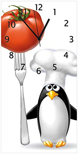 Wallario Design-Wanduhr Pinguin Koch aus Glas, Motiv-Uhr Größe 30 x 60 cm, Schwarze Zeiger