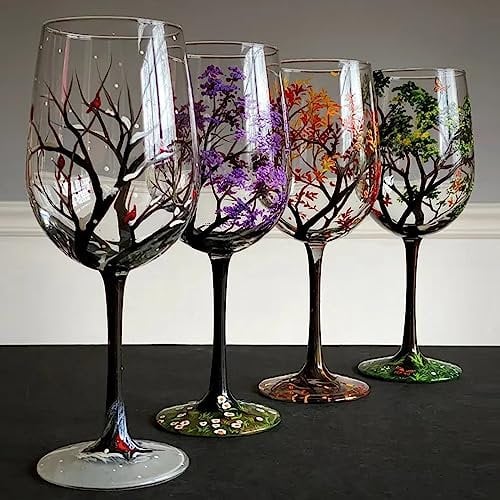 Bicchieri da vino dell'albero delle quattro stagioni, Bicchieri da vino con stelo artistico dipinto a mano, Bicchieri da vino colorati con foglie autunnali (Calice di vetro,4 pz)