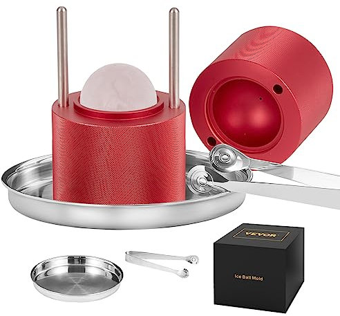 VEVOR Presse à Glaçons Sphères de 61 mm Moule à Glaçon Rond en Alu Bac à Glaçons Ronds avec Pince Fabrication Rapide de Glaçons Boules pour Boissons Cocktails Whisky Café Soirées Pyjama Bars Rouge