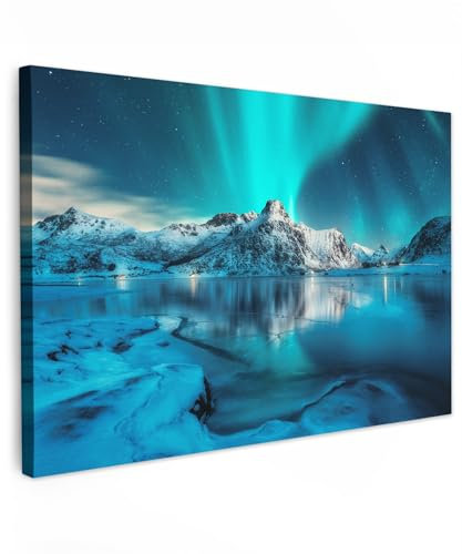 MuchoWow© Wandbilder 90x60 cm Wohnzimmer Wanddeko Schlafzimmer Zimmerdeko Fotowand Zimmer Deko Wand Dekoration Wall Art Bilder Natur - Nordlichter - Eis - Schnee - Norwegen - Blau - Berge