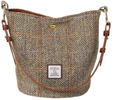 TAILORMAP Harris Tweed Frauen Bucket Bag Schultertasche Handtasche mit zwei Arten von Lederriemen, Khaki