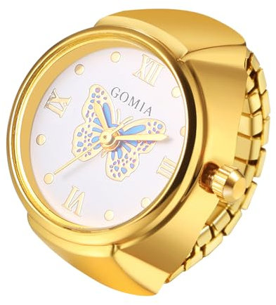 JewelryWe Ringuhr Fingeruhr Elastisch Schmetterling - Damen Analog Quarz Fingerringuhr Ring Uhr Uhrenring mit Blau Schmetterling Römischen Ziffern Zifferblatt und Gold Legierung Elastisch Band