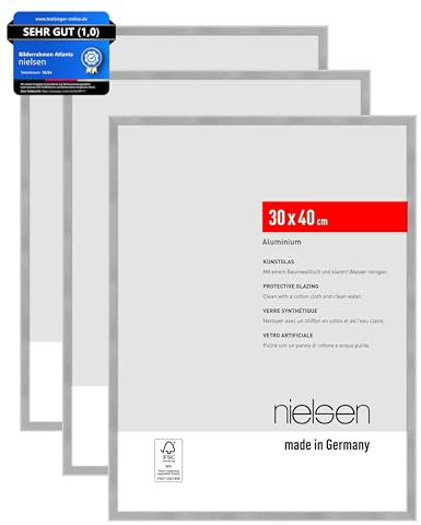 nielsen Bilderrahmen, 30 x 40 cm (3er Set), Aluminium, Silber matt, Fotorahmen zum Aufhängen im Hoch- & Querformat, bruchsicheres Kunstglas, Atlanta
