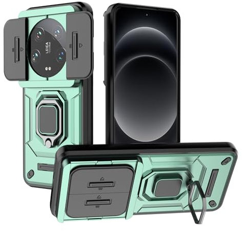 ESTH® Case for Xiaomi 14 Ultra with Slide Camera Cover, Military Grade Shockproof Protective Cover with Rotatable Metal Ring Kickstand [Support Magnetic Car Mount], Green