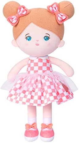OUOZZZ Baby Puppe, Weiche Stoffpuppe mit Kleidung, Blaue Augen und Rosa Kleid Puppe Kuschelpuppe für Kinder ab 3 Monaten - Baby Geschenk zur Geburt Mädchen Jungen, 38cm