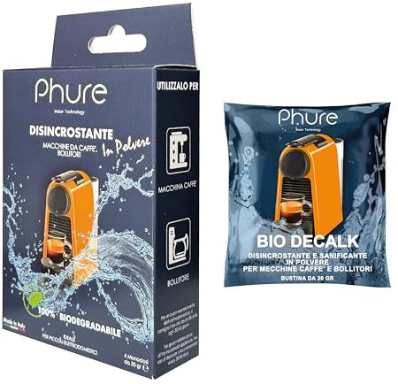 PHURE Descalcificador en polvo monodosis para máquina de café, hervidores, pequeños electrodomésticos, compatible con todas las máquinas de café, 100% biodegradable, ecológico, fabricado en Italia