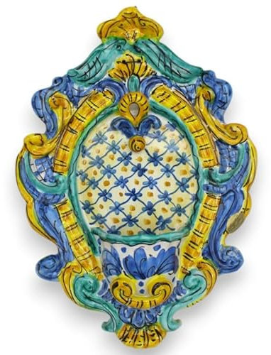 Acquasantiera in Ceramica Siciliana - h 30 x L 20 cm ca. Decoro Barocco MD7