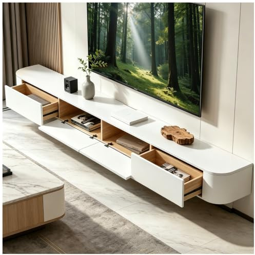 OMGMTSTORE Weiß TV-Schrank,Fernsehtisch mit 2 Schublade,2 Türen,300(2X 150) cm lang,TV Lowboard für Fernseher bis zu 130 Zoll,TV Tisch,Hängeboard Schwebend,TV Board hängend,für Wohnzimmer,Schlafzimmer