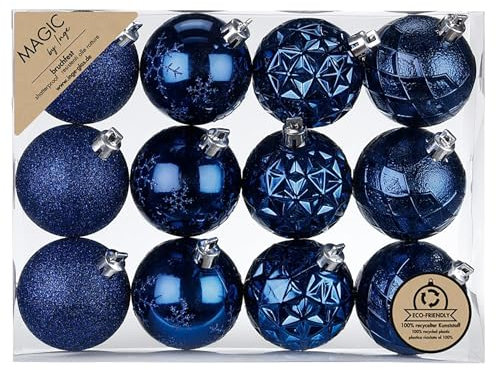 Inge-glas Weihnachtskugeln Kunststoff 6cm 12er Set - bruchsicher & mit Glitzer - Christbaumkugeln für Weihnachtsbaum - Weihnachtsbaumkugeln & Christbaumschmuck zu Weihnachten Dunkelblau - Night Blue