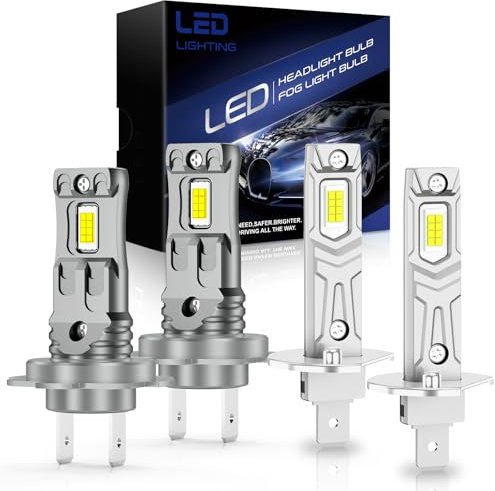 AUXIRACER H1+H7 LED 18000LM, 120W 600% Lumière 6500K Blanc Anti Erreur Extrêmement Brillant Kit de Conversion H1+H7 Phares, pour Rechange pour Lampes Halogènes et Xenons Auto (4 Set)