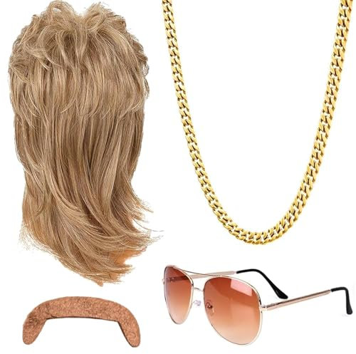 Newtic Vokuhila Perücke Herren,4 Stück Vokuhila Perücke Set,80er Perücke Herren,Synthetische Perücke,Perücken Wig Sonnenbrille Halskette,Outfit Accessoires Herren,Männer Perücke Cosplay Kostüm Party