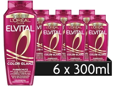 L'Oréal Paris Elvital Farbschutz Shampoo, Für coloriertes oder gesträhntes Haar, Mit Pfingstrosenextrakt, Leinsamenöl und UVB-Filter, Color Glanz, 6 x 300 ml
