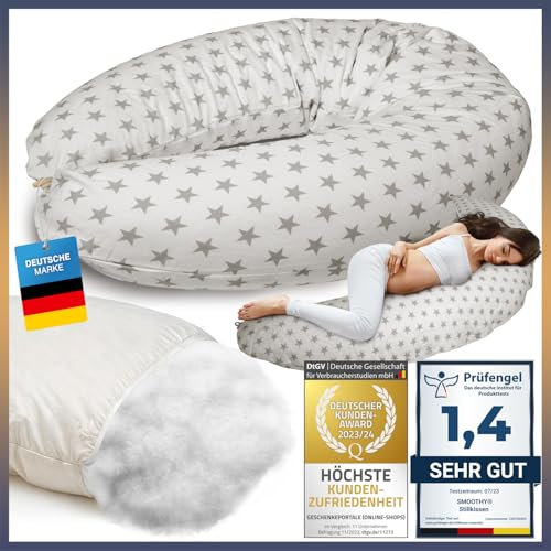 SMOOTHY® Stillkissen Schwangerschaftskissen XXL Premium Seitenschläfer-Kissen; Baumwoll-Bezug Schlafkissen & Lagerungs-Kissen für Mutter (Beige Sterne, Bezug + Kissenwatte (Selbstbefüllung))