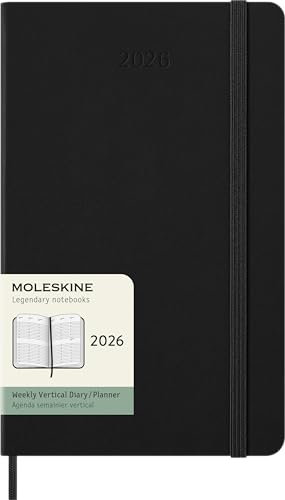 Moleskine Wochenplaner, Vertikaler Wochenkalender 2026 12 Monate, Fester Einband und Gummibandverschluss, Farbe Schwarz, Größe Large 13x21 cm