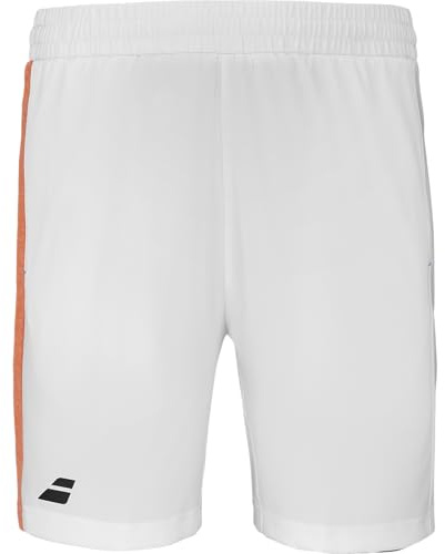Babolat, Play Tennis Shorts for Boys, 12-14 Years, White/Orange, Elastic Material with Adjustable Drawstring, 2 Side Ball Pockets, Ideal for Individual Players and Club Teams, White/Orange, 12-14