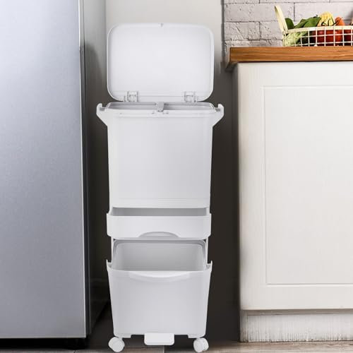 Générique Poubelle de cuisine 42 L à 3 compartiments - Système de tri des déchets plastiques recyclés, poubelle à pédale avec couvercle, poignée, crochet et roulettes pour cuisine, maison et bureau