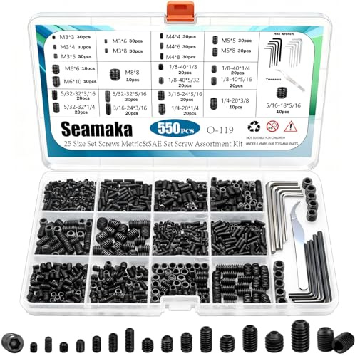 Seamaka 550 Pcs 12.9 Alloy Steel Set Screws Metric&SAE Set Screw Assortment Kit,Black Set Screws Grub Screws for Bathroom Fixtures Door Handles 25 Size (M3-M8, 1/8-40 to 5/16-18)