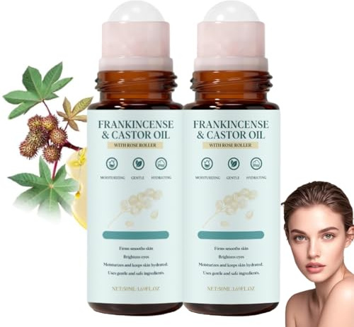 Frankincense and Castor Oil Roll On with Rose Quartz Roller, Organic Castor Oil, Frankincense oil for Skin Care, Natural Ingredients, Reduce Fine Lines, Firms Smooths Skin, Brightens Eyes (2PCS)