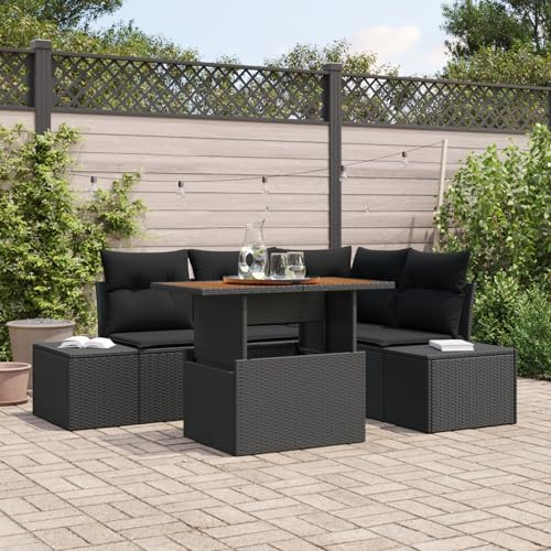 IBUQDDV 5-TLG. Garten-Essgruppe mit Kissen Schwarz Poly Rattan Akazie Tischgruppe für Terrasse Balkon Außenbereich