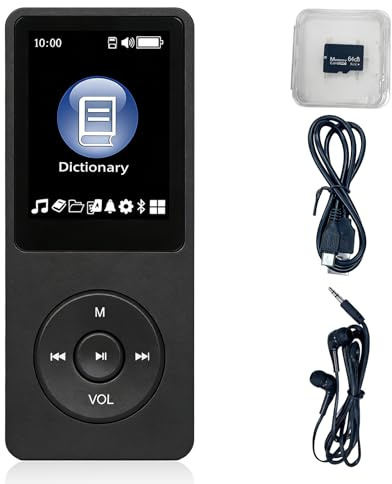 Lettore MP3 da 64 GB, lettore MP3 Bluetooth 5.0 con schermo a colori TFT da 1,8, cuffie, altoparlante, musica Hi-Fi, registrazione, e-book, lettore musicale portatile, lettore musicale sportivo per