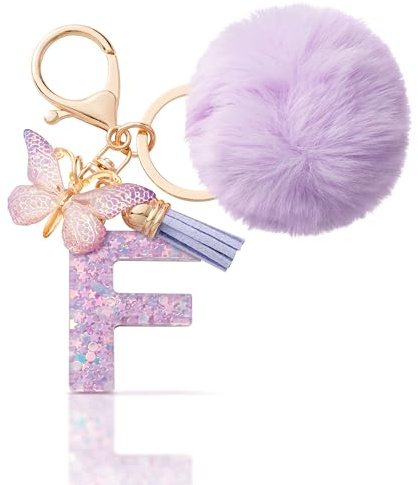CHUQING Schlüsselanhänger Buchstabe Geschenke Mädchen mit Pompon | Schlüsselanhänger mit Buchstabe und Pompon, süßer Schmetterling Keychain als Geschenk für Mädchen und Damen