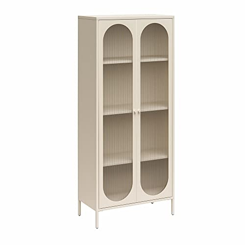 Luna Metall-Hochschrank Creme, 80 x 40 x 186 cm, Vitrinenschrank mit 2 geriffelten Glastüren und 4 Regalböden, Metallschrank für Wohnzimmer, Esszimmer und Flur