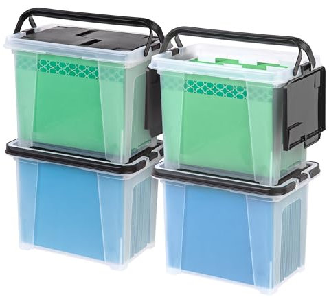IRIS Letter Size Portable Wing-Lid File Box with Handles, 4 Pack, Black