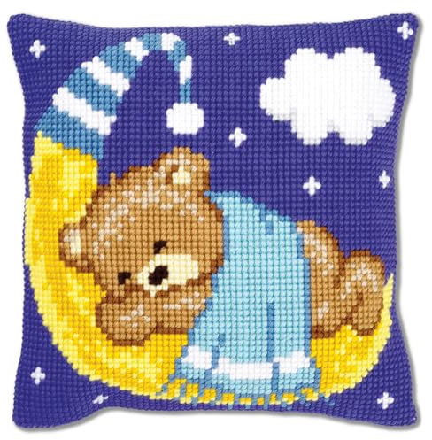 VERVACO Kit Cuscino Punto Croce Orso sulla Luna Blu Set Ricamo Principianti Cuscini Gobelin Decorativi ca. 40 x 40 cm Accessori per Lavoretti Creativi DIY Casa Decor Hobby Adulti Cross Stitch